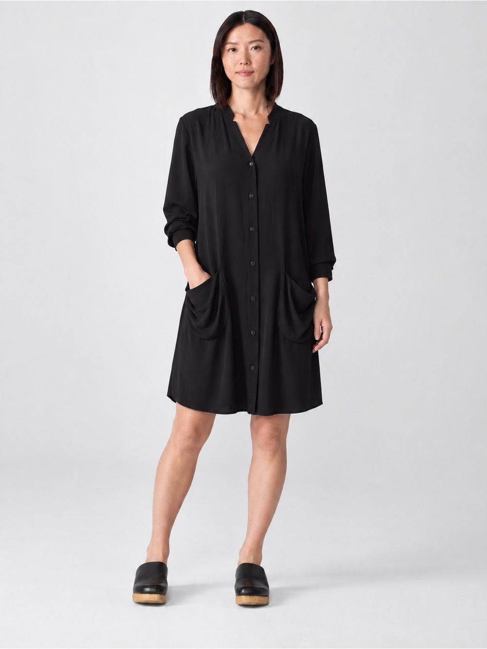 Eileen Fisher Soie Silk Button Front Shirt Dress Black Flowy Women's Large